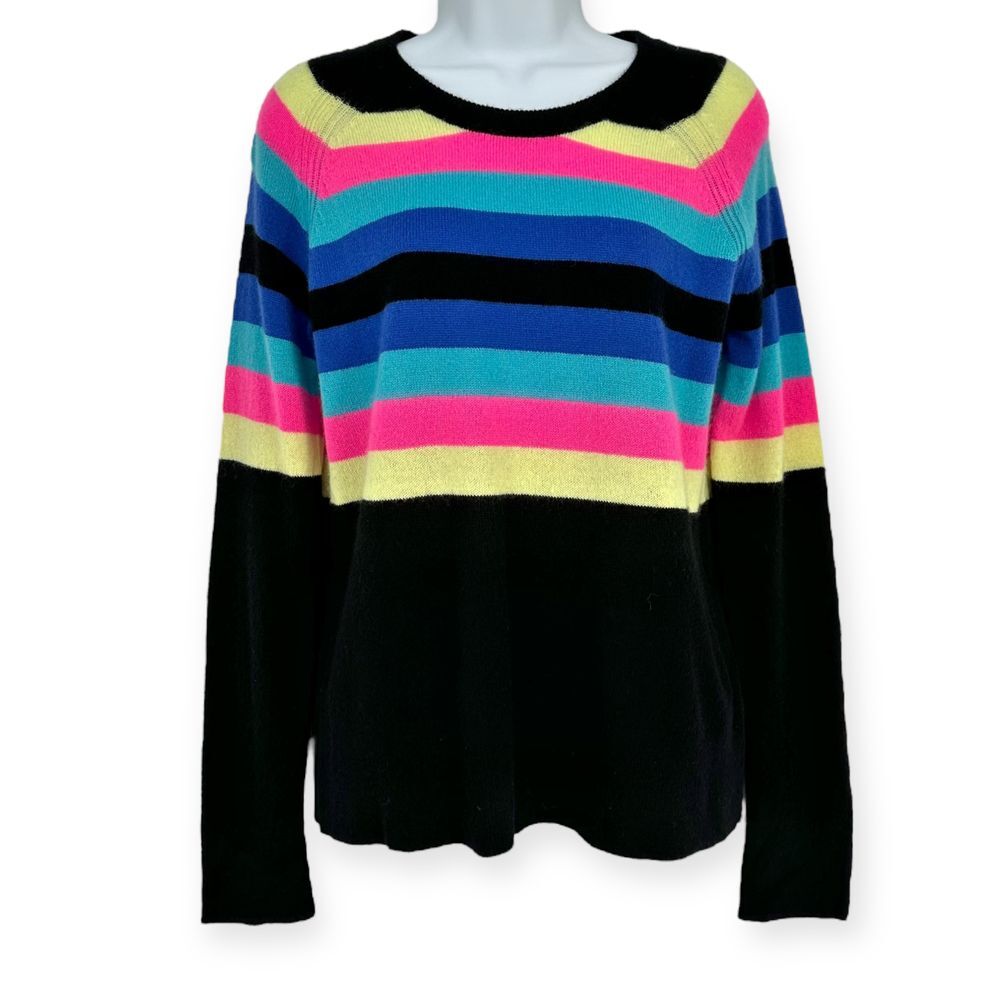 PURE AMICI Rainbow Stripe‎ Cashmere Sweater in Black/Rainbow NWT size M Preppy